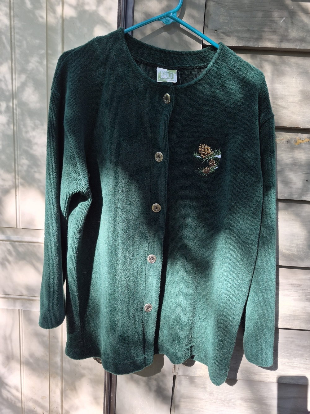 Women’s Dark Green Button-Front Cardigan with Pinecone Motif